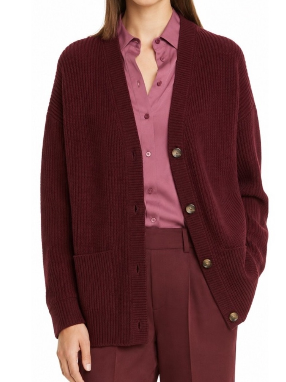 VINCE Burgundy Wool Cashmere Ribbed Button Front Cardigan Sweater Relaxed Sz S